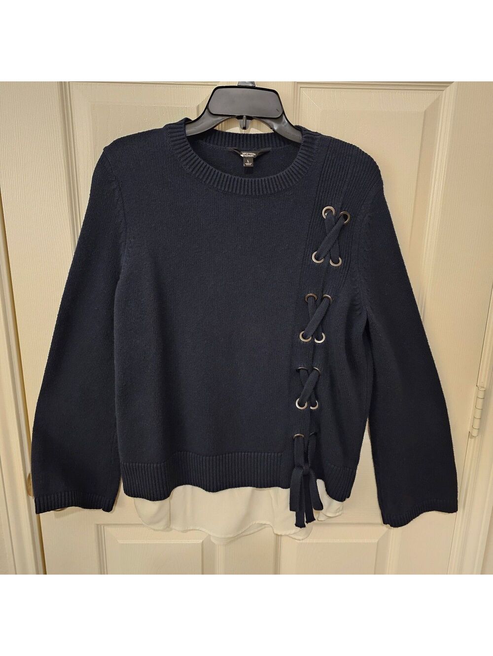 Vera Wang Women Sweater Navy Grommet Side Lace-Up Coastal Academic size L